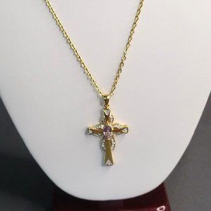 Gold Tone Metal Purple Marquis and Pave Crystals Cross Pendant Necklace 18 in